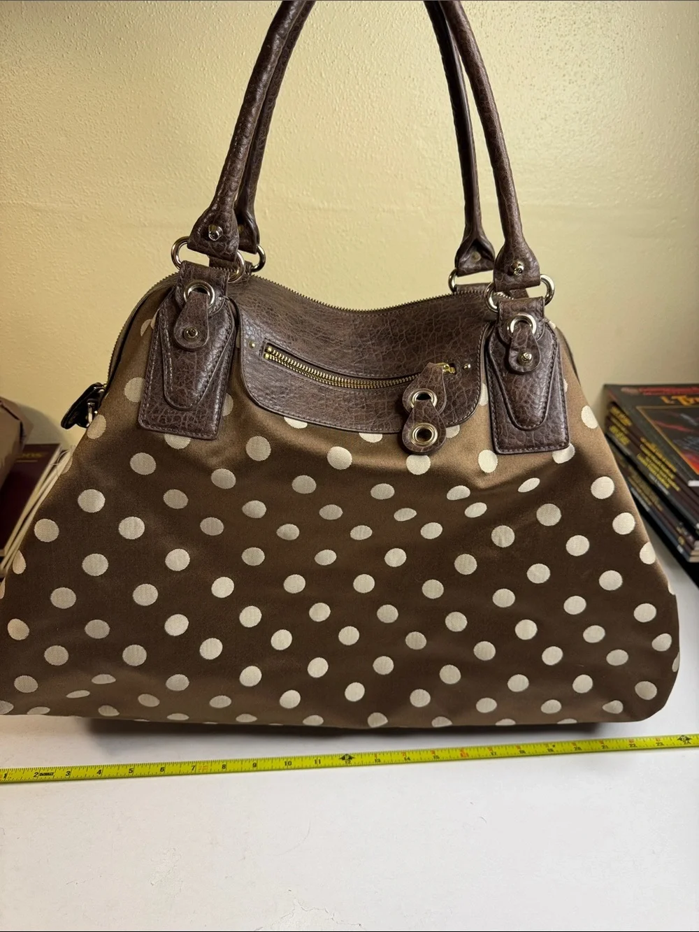 Jessica Simpson Brown and Cream Polka Dot Shoulder Satchel